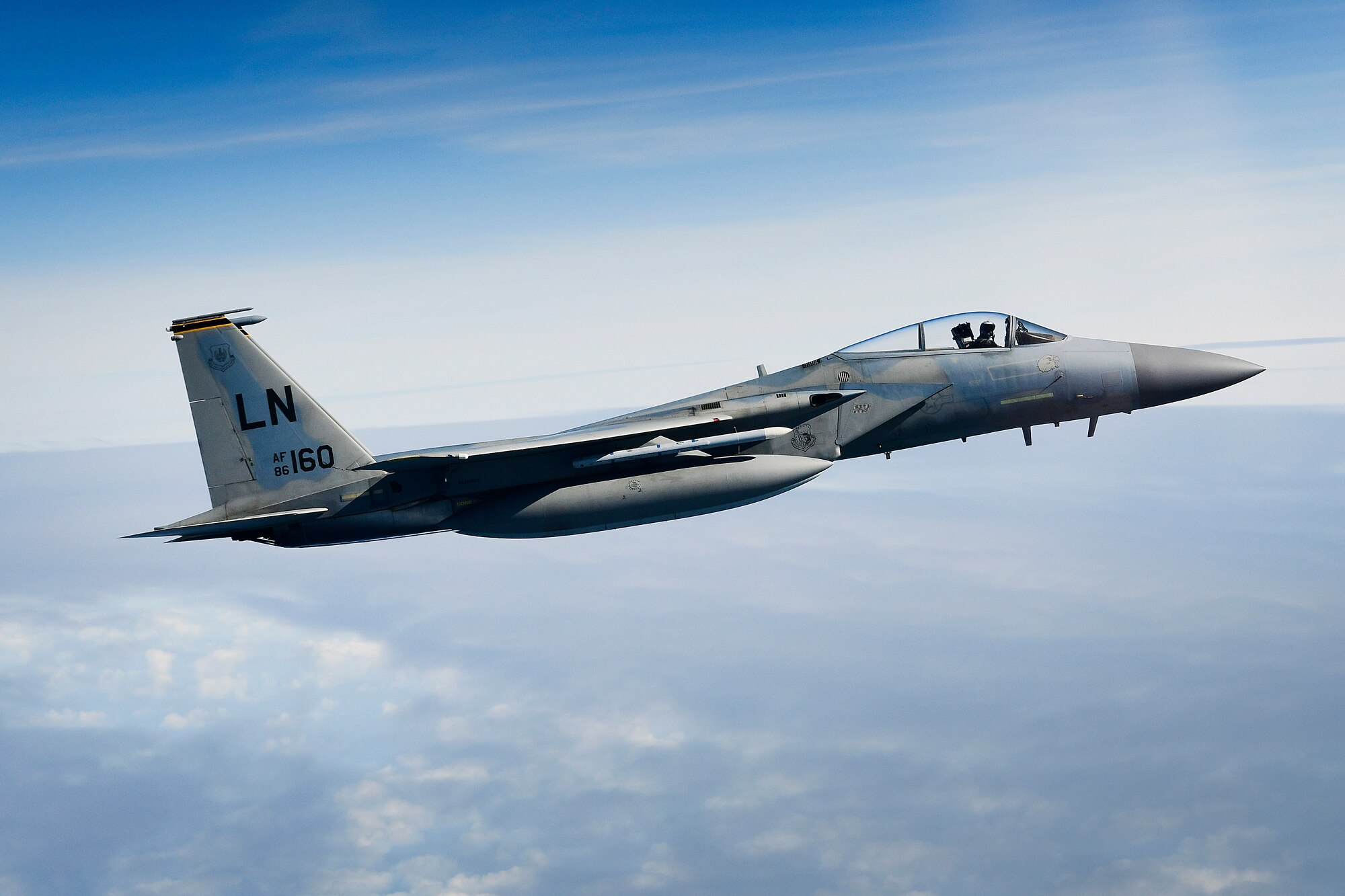 F-15C Eagles assigned to the 48th Fighter Wing conduct air operations over the North Sea Sept. 16, 2019. The 48th Fighter Wing routinely trains with integrated aerial platform capabilities to deliver full spectrum air combat support to European allies and partners. (U.S. Air Force photo/ Tech. Sgt. Matthew Plew)