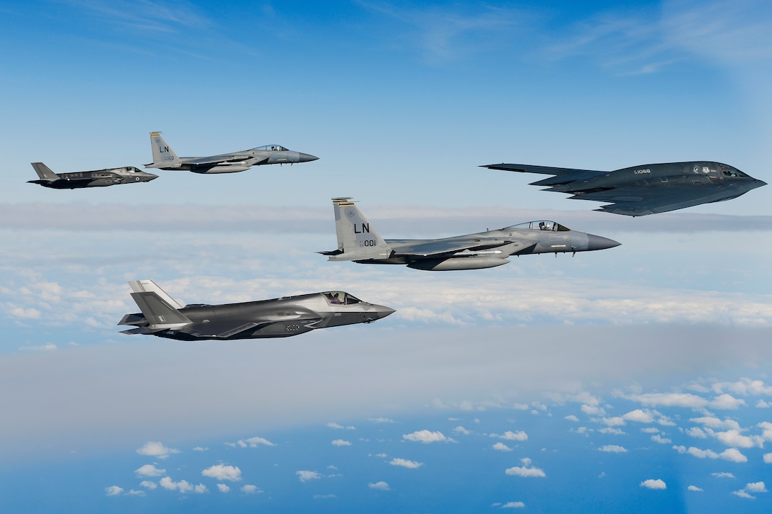 A B-2A Spirit bomber assigned to the 509th Bomb Wing leads a delta formation consisting of two F-15C Eagles assigned to the 48th Fighter Wing and two Royal Air Force F-35B Lightnings as they conduct aerial operations over the North Sea Sept. 16, 2019. The 48th Fighter Wing and the Royal Air Force routinely train with integrated 4th and 5th generation capabilities to deliver full spectrum air combat support to European allies and partners. (U.S. Air Force photo/ Tech. Sgt. Matthew Plew)