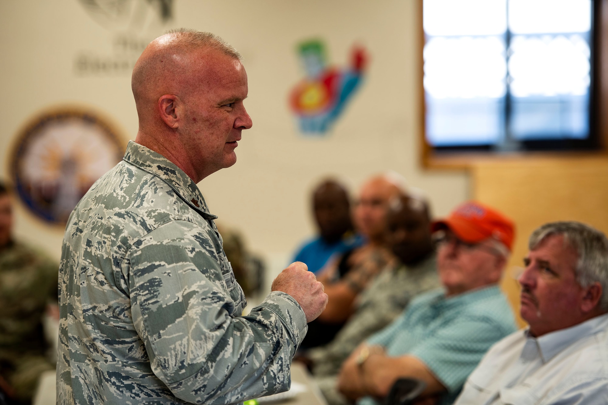 Maj. Steven Cuneio, 23d Wing chaplain, speaks to Airmen from the 23d Civil Engineer Squadron during resiliency training Sept. 10, 2019, at Moody Air Force Base, Ga. The event was hosted by Cuneio, and served as an interactive experience for Airmen, providing practical approaches they can use regularly to improve the resiliency culture in their squadrons. (U.S. Air Force photo by Senior Airman Erick Requadt)