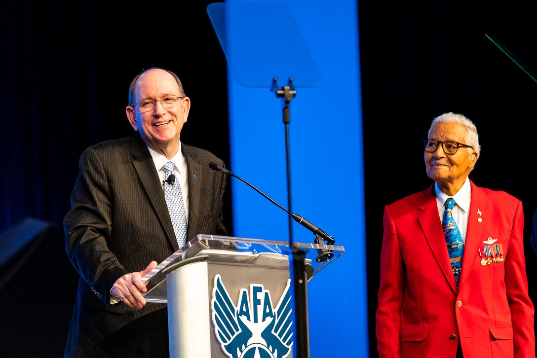 Acting Secretary of the Air Force Matthew P. Donovan reveals the name of the new Air Force trainer aircraft to be the T-7A Red Hawk during the Air Force Association Air, Space and Cyber Conference in National Harbor, Md., Sept. 16, 2019. The ASC Conference is a professional development forum that offers the opportunity for Department of Defense personnel to participate in forums, speeches, seminars and workshops. (U.S. Air Force photo by TSgt D. Myles Cullen)
