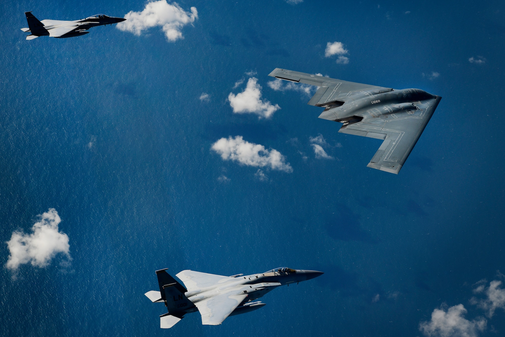 A B-2A Spirit bomber assigned to the 509th Bomb Wing and two F-15C Eagles assigned to the 48th Fighter Wing conduct aerial operations over the North Sea Sept. 16, 2019. The 48th Fighter Wing and the Royal Air Force routinely train with integrated 4th and 5th generation capabilities to deliver full spectrum air combat support to European allies and partners. (U.S. Air Force photo/ Tech. Sgt. Matthew Plew)