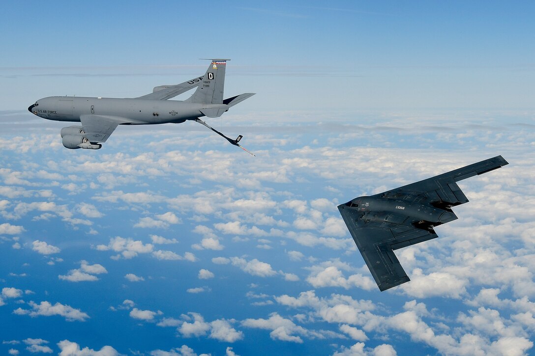 A B-2A Spirit bomber assigned to the 509th Bomb Wing, conducts aerial refuelling operations with a KC-135 Stratotanker assigned to the 100th Air Refuelling Wing over the North Sea Sept. 16, 2019. The B-2 is currently deployed to the United Kingdom as part of Bomber Task Force Europe, which is focused on strengthening multinational relationships and improving allied cooperation. (U.S. Air Force photo/ Tech. Sgt. Matthew Plew)