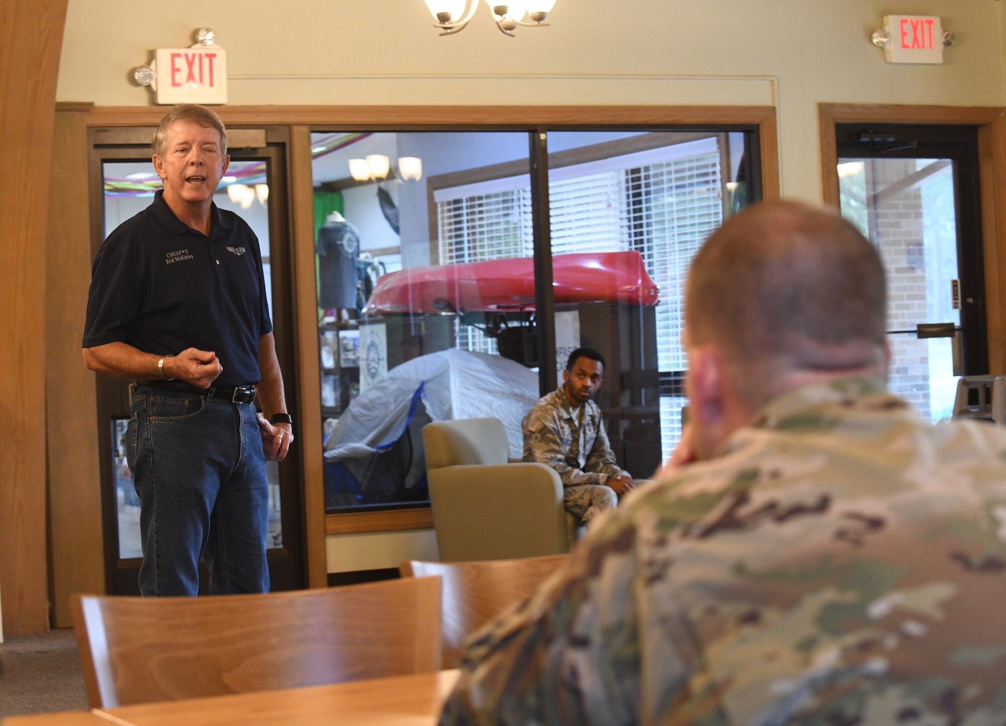 Retired Chief Master Sgt. Rodney McKinley, the 15th Chief Master Sgt. of the Air Force, talks with several Airmen assigned to the 4th Fighter Wing, Sept. 13, 2019, at Seymour Johnson Air Force Base, North Carolina. As the CMSAF, he was responsible for providing direction to the Air Force enlisted corps and representing their interests in all levels of government. (U.S. Air Force Photo by Staff Sgt. Michael Charles)