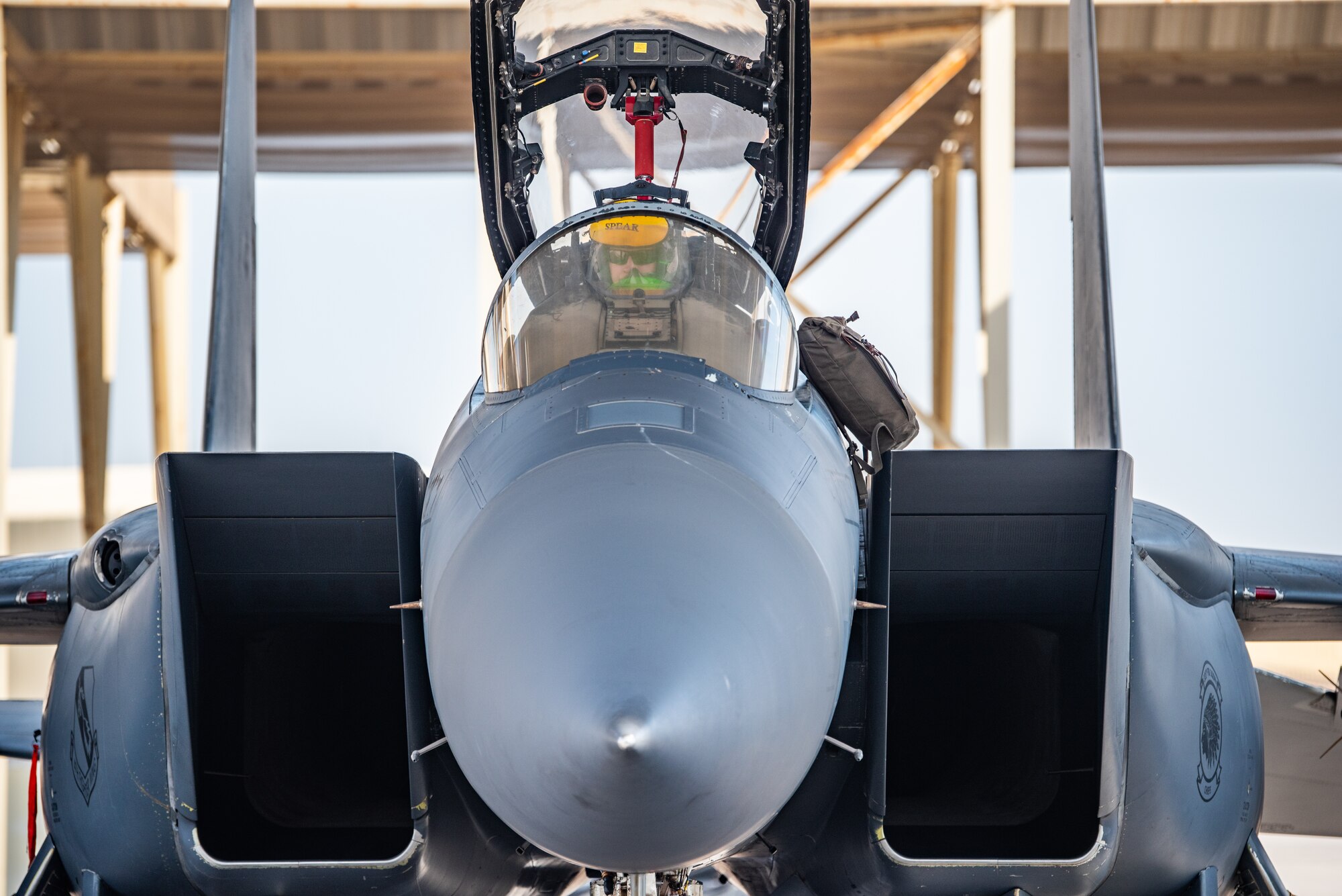 A 336th Expeditionary Fighter Squadron aircrew prepares for flight for Agile Strike Sept. 18, 2019, at Al Dhafra Air Base, United Arab Emirates. The 336th EFS sent two aircraft and personnel to operate missions out of Prince Sultan Air Base, Saudi Arabia to challenge their flexibility at expanding tactical and strategic reach while strengthening coalition and regional partnerships in the Air Forces Central Command area of responsibility through adaptive basing. (U.S. Air Force photo by Staff Sgt. Chris Thornbury)