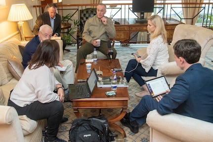 Marine Corps Gen. Joe Dunford, chairman of the Joint Chiefs of Staff, speaks to media before departing London, United Kingdom Sept. 17, 2019.