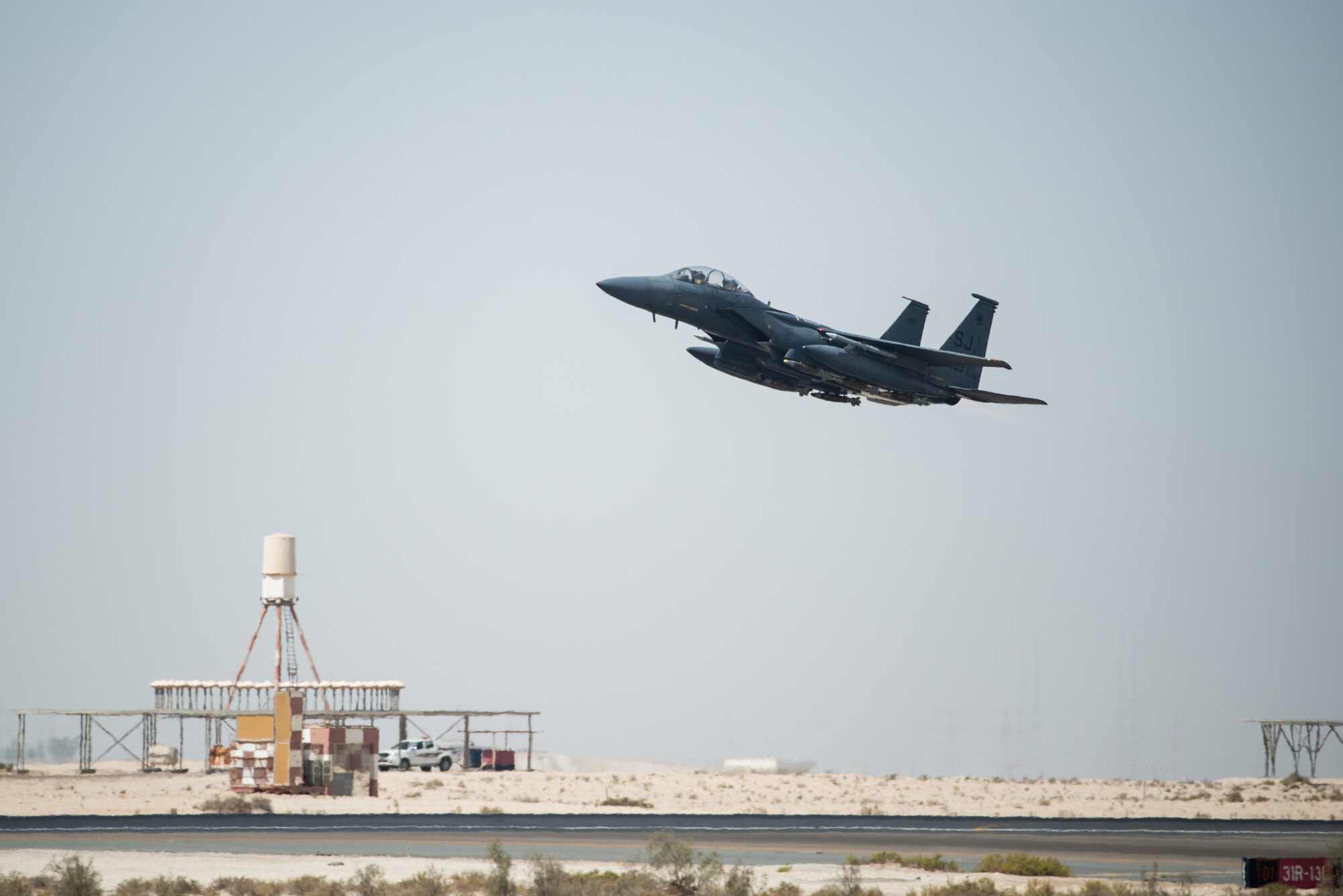 An F-15E Strike Eagle, assigned to the 336th Expeditionary Fighter Squadron, takes off for Agile Strike Sept. 18, 2019, at Al Dhafra Air Base, United Arab Emirates. The 336th EFS sent two aircraft and personnel to operate missions out of Prince Sultan Air Base, Saudi Arabia to challenge their flexibility at expanding tactical and strategic reach while strengthening coalition and regional partnerships in the Air Forces Central Command area of responsibility through adaptive basing. (U.S. Air Force photo by Staff Sgt. Chris Thornbury)