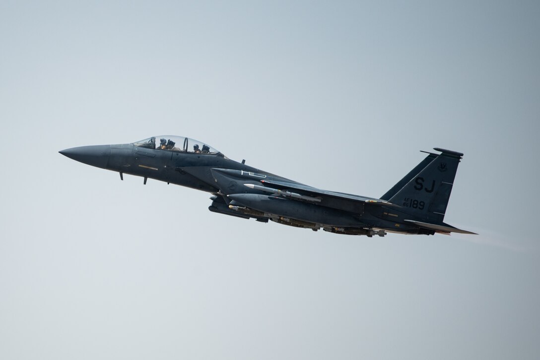 An F-15E Strike Eagle, assigned to the 336th Expeditionary Fighter Squadron, takes off for Agile Strike Sept. 18, 2019, at Al Dhafra Air Base, United Arab Emirates. The 336th EFS sent two aircraft and personnel to operate missions out of Prince Sultan Air Base, Saudi Arabia to challenge their flexibility at expanding tactical and strategic reach while strengthening coalition and regional partnerships in the Air Forces Central Command area of responsibility through adaptive basing. (U.S. Air Force photo by Staff Sgt. Chris Thornbury)