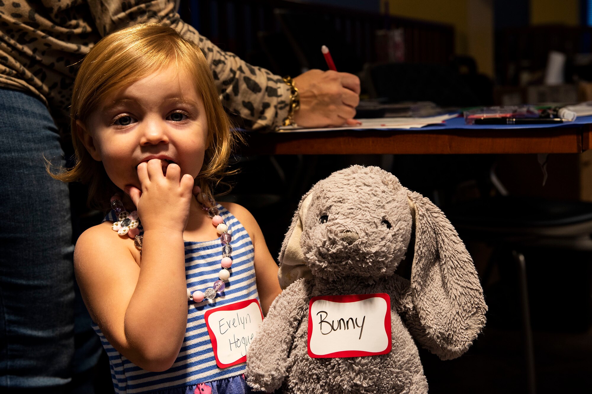 Evelyn, daughter of Laura Hogue, military spouse, poses for a photo during a Deployed Spouses Dinner Sept. 17, 2019, at Moody Air Force Base, Ga. The monthly event is a free dinner at Georgia Pines Dining Facility designed as a ‘thank you’ for each families’ support and sacrifice. The dinner, occurring on every third Tuesday of the month, provides an opportunity for spouses to interact with other families of deployed Airmen, key spouses and unit leadership, as well as provide a break for the spouse while military sponsor is deployed. The next Deployed Spouses Dinner will be Oct. 15. (U.S. Air Force photo by Senior Airman Erick Requadt)