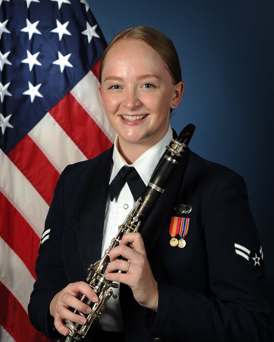 Official photo of A1C Jessica Hughes, Clarinetist with The United States Air Force Band of the West, Joint Base San Antonio.