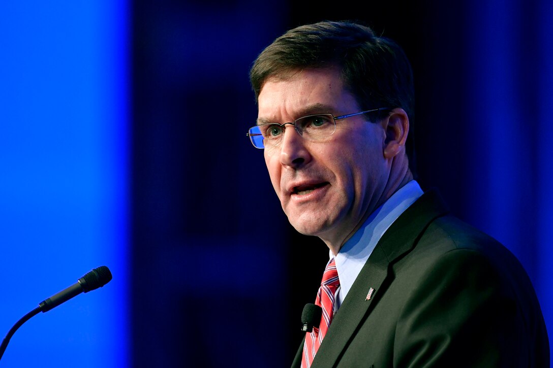 Defense Secretary Dr. Mark T. Esper speaks to an audience.