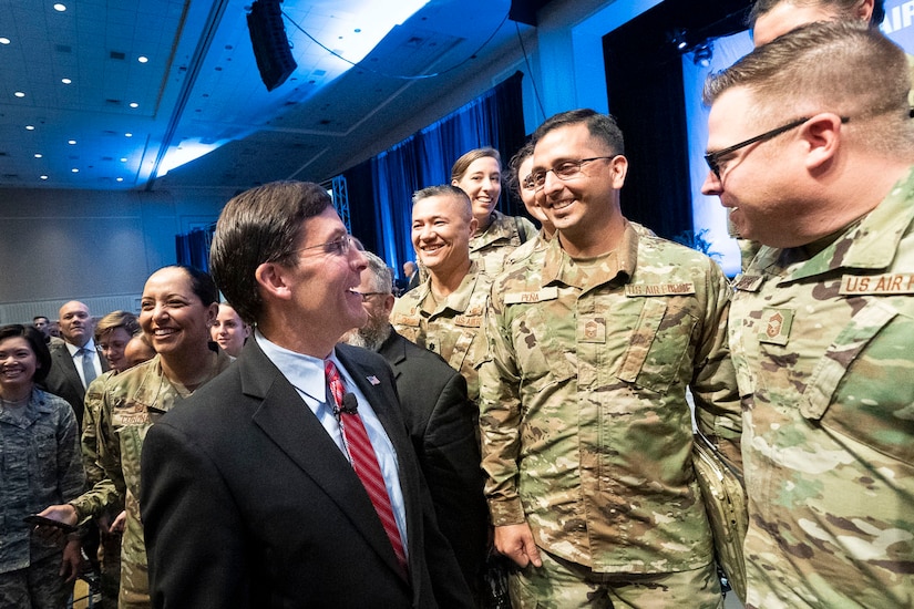 Defense Secretary Dr. Mark T. Esper speaks to airman.