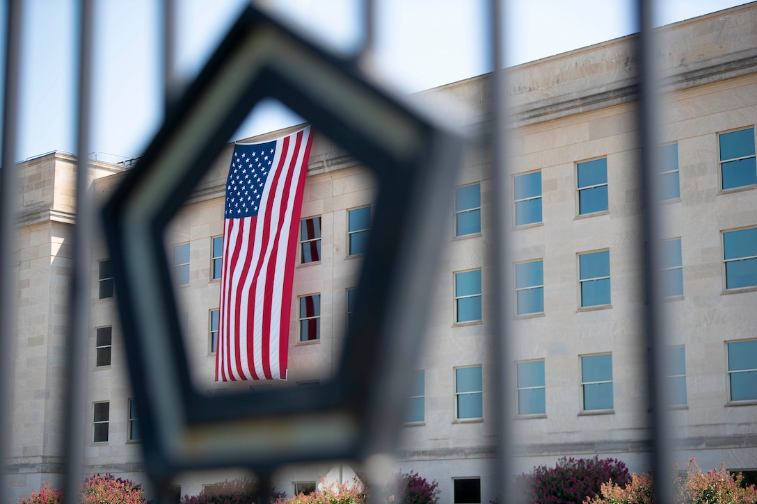 A flag draped over the Pentagon.