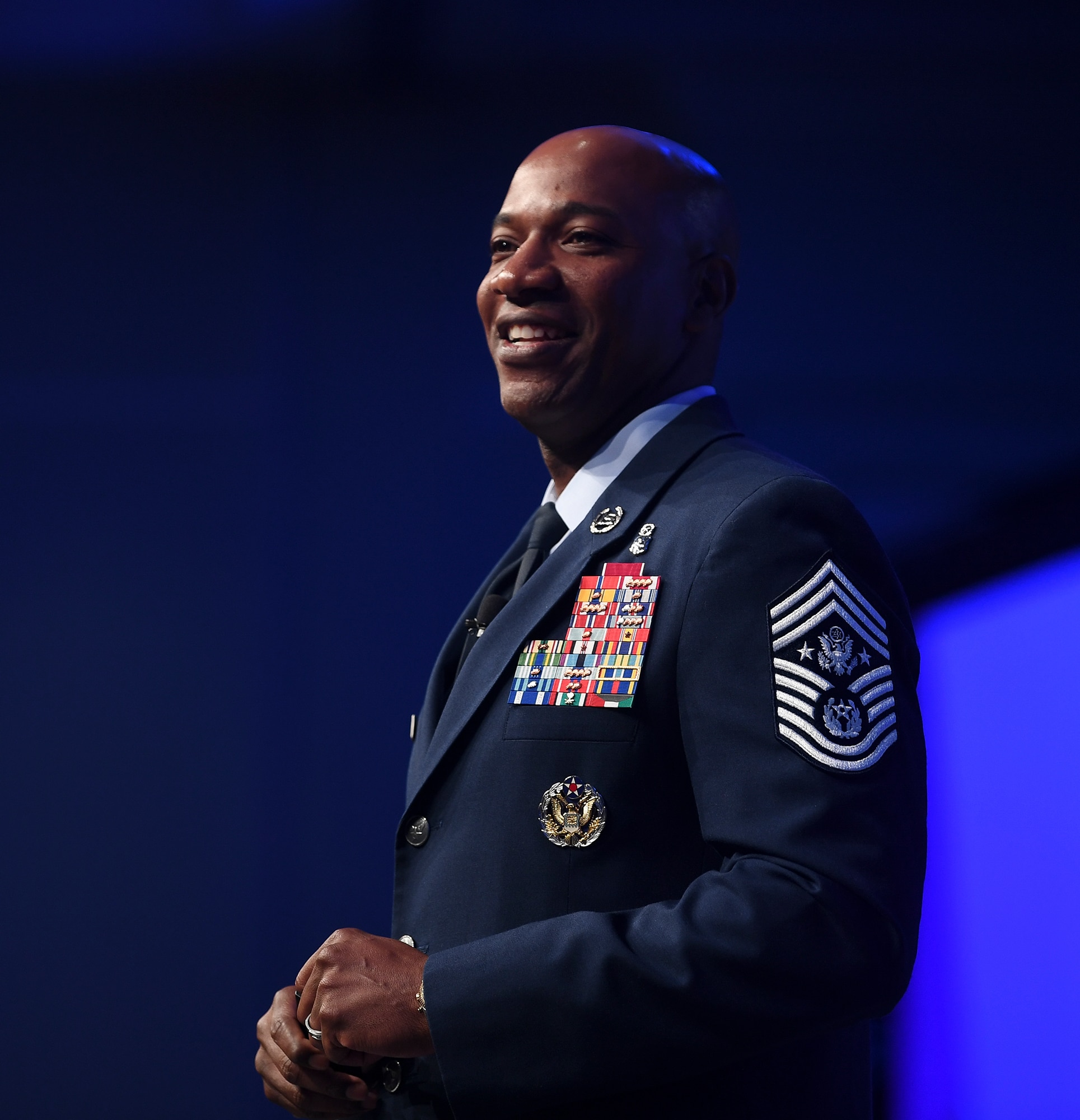 Chief Master Sgt. of the Air Force Kaleth O. Wright delivers a speech on leading with purpose during the Air Force Association’s Air, Space and Cyber Conference in National Harbor, Md., Sept. 18, 2019. The ASC Conference is a professional development seminar that offers the opportunity for Department of Defense personnel to participate in forums, speeches and workshops. This annual event features engaging speakers and panels focused on airpower, space and cyber developments and a technology exposition featuring the latest technology, equipment and solutions for tomorrow’s problems. The ASC has something for everyone. (U.S. Air Force photo by Andy Morataya)