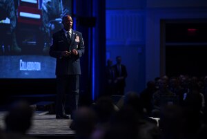 Chief Master Sgt. of the Air Force Kaleth O. Wright delivers a speech on leading with purpose during the Air Force Association’s Air, Space and Cyber Conference in National Harbor, Md., Sept. 18, 2019. The ASC Conference is a professional development seminar that offers the opportunity for Department of Defense personnel to participate in forums, speeches and workshops. This annual event features engaging speakers and panels focused on airpower, space and cyber developments and a technology exposition featuring the latest technology, equipment and solutions for tomorrow’s problems. The ASC has something for everyone. (U.S. Air Force photo by Andy Morataya)