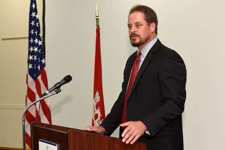 Travis A. Wiley, program coordinator of the Leadership Development Program Level I, makes opening comments about the class during a graduation ceremony Sept. 12, 2019 at the Scarritt Bennett Center in Nashville, Tenn. (USACE Photo by Lee Roberts)