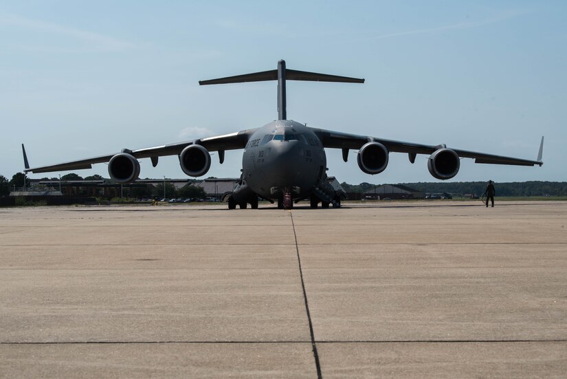 A U.S. Air Force C-17 Globemaster III from the Mississippi Air National Guard’s 172nd Airlift Wing, prepares for takeoff during a Joint Task Force Civil Support exercise at Joint Base Langley-Eustis, Virginia, Sept. 11, 2019. The C-17 transported vehicles from JBLE to Richmond, Virginia as part of a joint training exercise coordinated between the Air Force, Army, and Navy. (U.S. Air Force photo by Airman 1st Class Marcus M. Bullock)