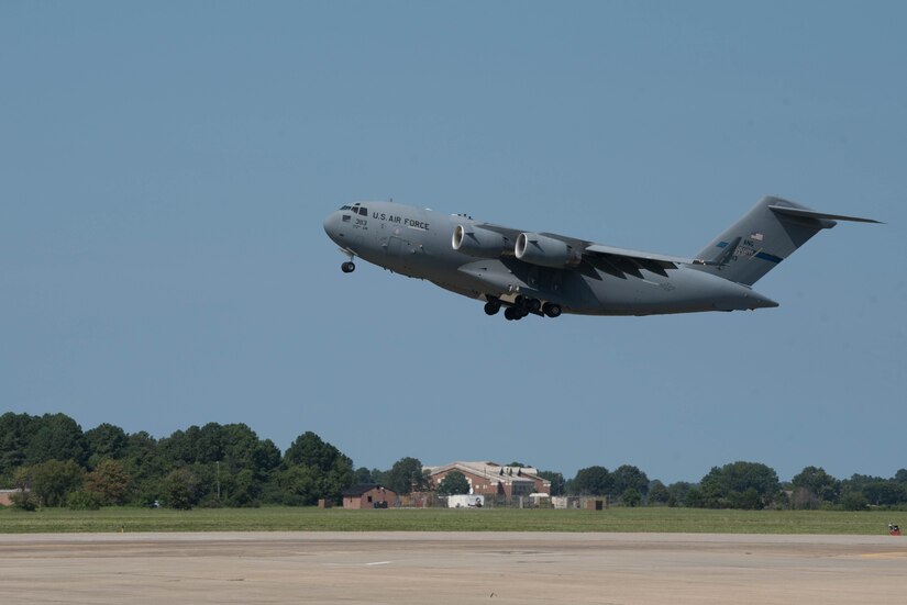A U.S. Air Force C-17 Globemaster III from the Mississippi Air National Guard’s 172nd Airlift Wing takes off during a Joint Task Force Civil Support exercise at Joint Base Langley-Eustis, Virginia, Sept. 11, 2019. The C-17 transported vehicles from JBLE to Richmond, Virginia as part of a joint training exercise coordinated between the Air Force, Army, and Navy. (U.S. Air Force photo by Airman 1st Class Marcus M. Bullock)