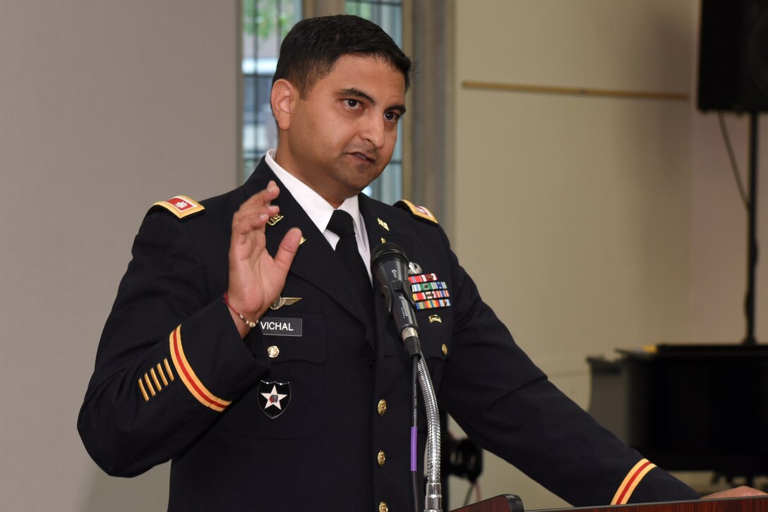 Lt. Col. Sonny B. Avichal, U.S. Army Corps of Engineers Nashville District commander, makes opening comments about the class during a graduation ceremony Sept. 12, 2019 at the Scarritt Bennett Center in Nashville, Tenn. (USACE Photo by Lee Roberts)