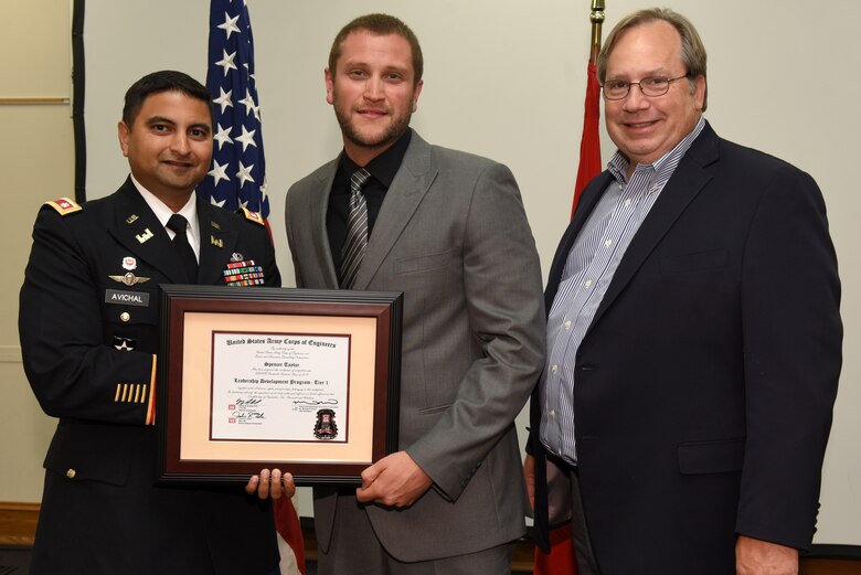 Spencer Taylor, U.S. Army Corps of Engineers Nashville District, receives a certificate of completion for the 2019 Leadership Development Program Level I Course from Lt. Col. Sonny B. Avichal, Nashville District commander, and Michael Evans, course instructor, during a graduation ceremony Sept. 12, 2019 at the Scarritt Bennett Center in Nashville, Tenn. (USACE Photo by Lee Roberts)