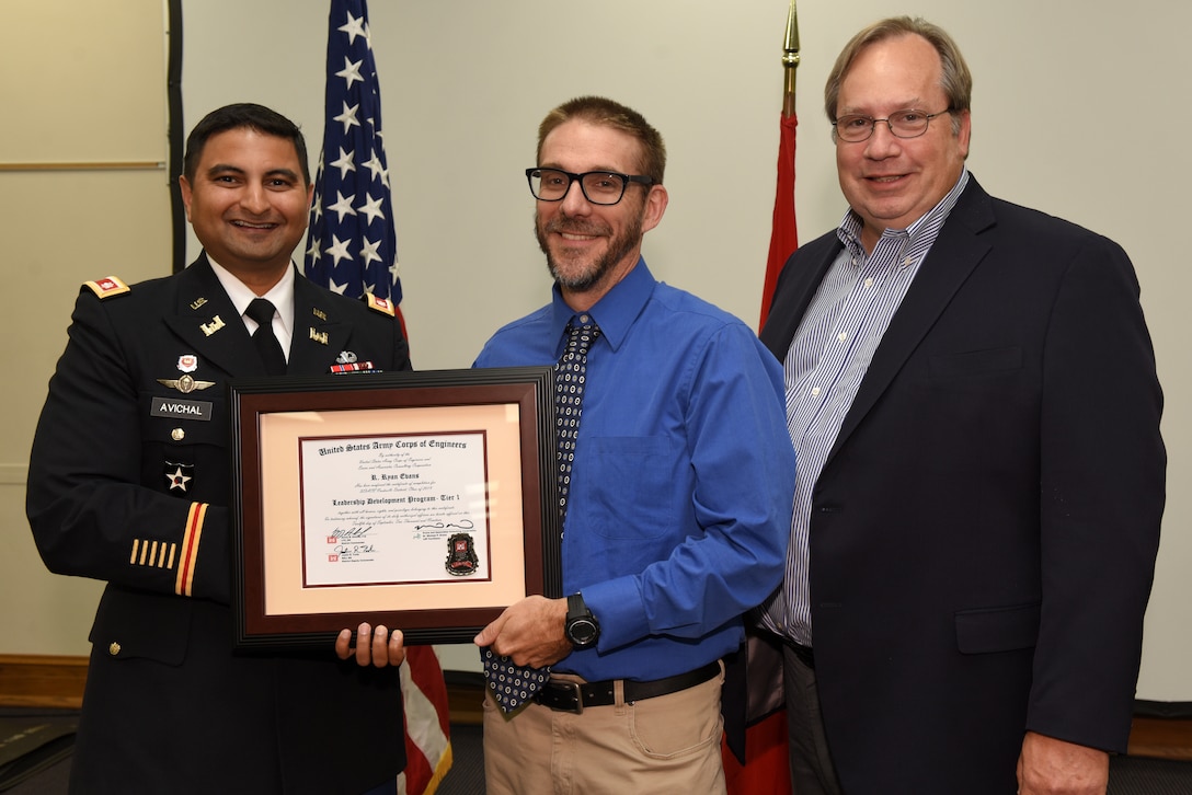 Ryan Evans, U.S. Army Corps of Engineers Nashville District, receives a certificate of completion for the 2019 Leadership Development Program Level I Course from Lt. Col. Sonny B. Avichal, Nashville District commander, and Michael Evans, course instructor, during a graduation ceremony Sept. 12, 2019 at the Scarritt Bennett Center in Nashville, Tenn. (USACE Photo by Lee Roberts)