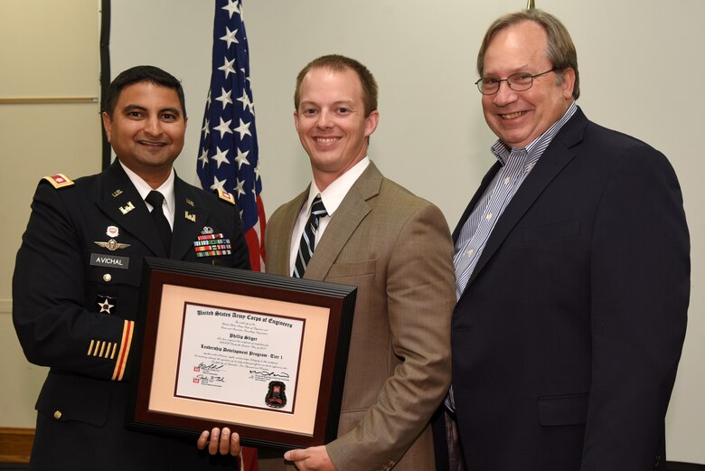 Phillip Sliger, U.S. Army Corps of Engineers Nashville District, receives a certificate of completion for the 2019 Leadership Development Program Level I Course from Lt. Col. Sonny B. Avichal, Nashville District commander, and Michael Evans, course instructor, during a graduation ceremony Sept. 12, 2019 at the Scarritt Bennett Center in Nashville, Tenn. (USACE Photo by Lee Roberts)