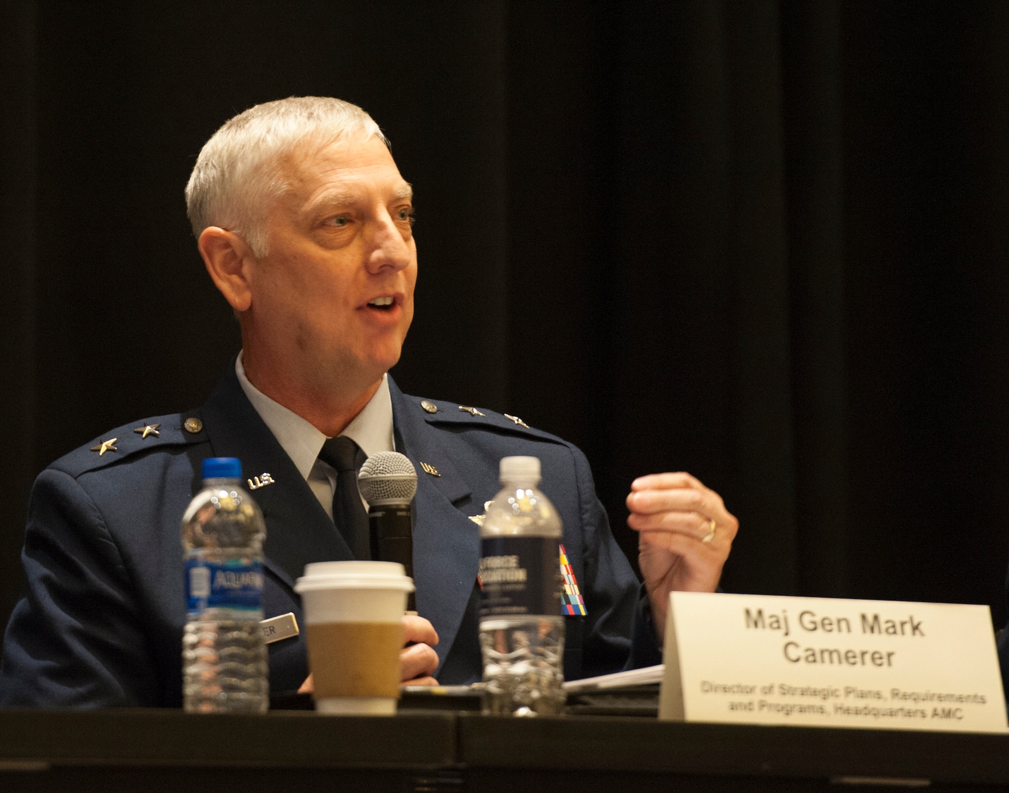 Maj. Gen. Mark Camerer, Air Mobility Command strategic plans, requirements and programs director, participates in the Expanding the Competitive Airlift Edge panel during the Air Force Association Air, Space and Cyber Conference in National Harbor, Md., Sept. 17, 2019. The ASC Conference is a professional development conference that offers the opportunity for Department of Defense personnel to participate in forums, speeches and workshops. (U.S. Air Force photo by Tech. Sgt. Robert Barnett)