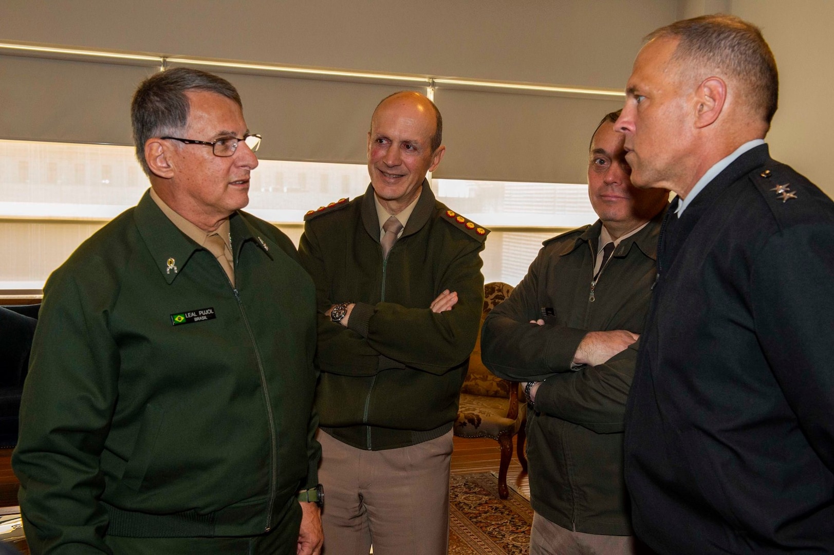 Maj. Gen. Daniel Walrath (right), U.S. Army South commanding general, visits with Gen. Edson Leal Pujol (left), Brazilian Army commander, and his delegation, in Santiago, Chile, Sept. 17. Walrath traveled to Santiago where he joined other partner nation army leaders to celebrate Chile’s Independence Day and The Day of the Glories of the Chilean Army.