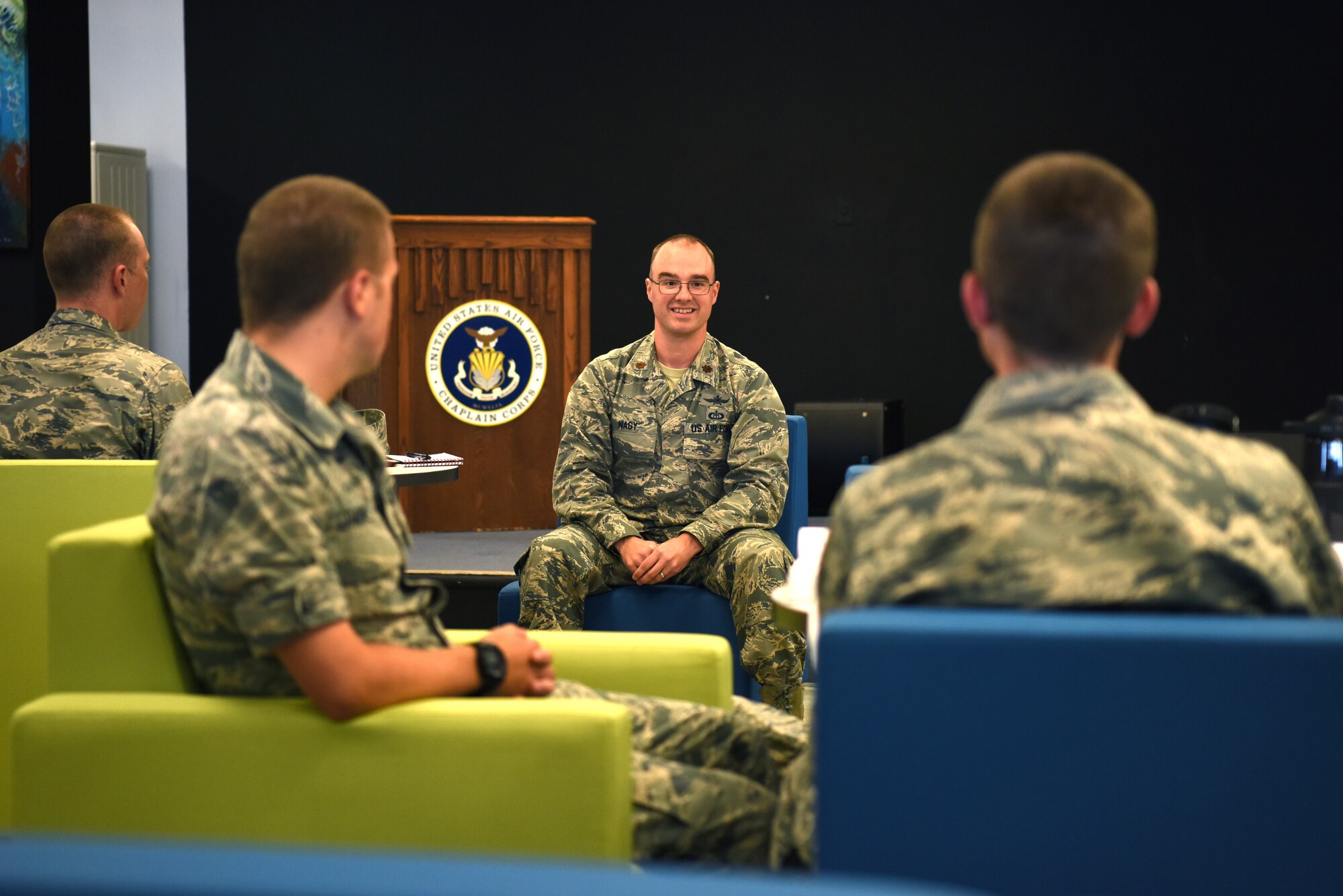 U.S. Air Force Maj. John Nagy, 336th Training Squadron director of operations, talks to Airmen from the 336th TRS inside the Levitow Training Support Facility on Keesler Air Force Base, Mississippi, Sept. 12, 2019. The 336th TRS revamped their Awaiting Further Instruction program and turned it into a multi-tracked program that prepares Airmen for life in the Air Force. (U.S. Air Force photo by Senior Airman Suzie Plotnikov)