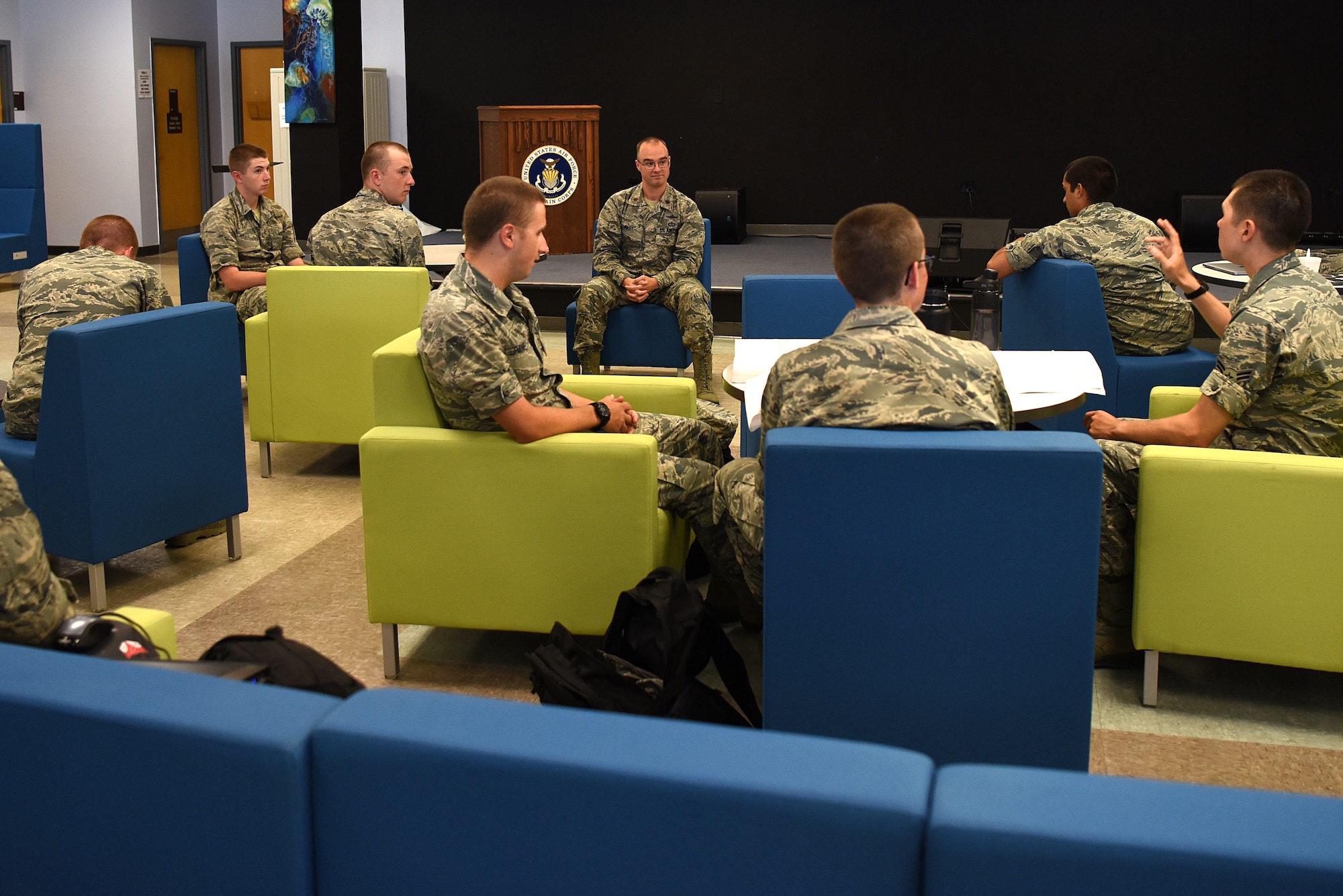 U.S. Air Force Maj. John Nagy, 336th Training Squadron director of operations, talks to Airmen from the 336th TRS inside the Levitow Training Support Facility on Keesler Air Force Base, Mississippi, Sept. 12, 2019. The 336th TRS revamped their Awaiting Further Instruction program and turned it into a multi-tracked program that prepares Airmen for life in the Air Force. (U.S. Air Force photo by Senior Airman Suzie Plotnikov)