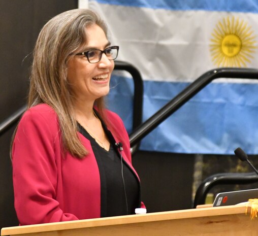 IMAGE: KING GEORGE, Va. (Sept. 13, 2019) – Sandra Alba Cauffman – acting division director of the Earth Science Division at the National Aeronautics and Space Administration (NASA) Science Mission Directorate – tells her audience at the Naval Surface Warfare Center Dahlgren Division (NSWCDD) sponsored Hispanic Heritage Month Observance to “follow your dreams and do something you’re really passionate about.” The Costa Rica native was inspired to work for NASA while watching the Apollo 11 moon landing as a seven year old.