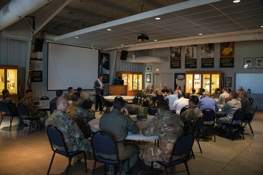 Boone Nicolls, the director of IG investigations and complaints resolution assigned to the 97th Air Mobility Wing, starts introductions at the IG Professional Development seminar
