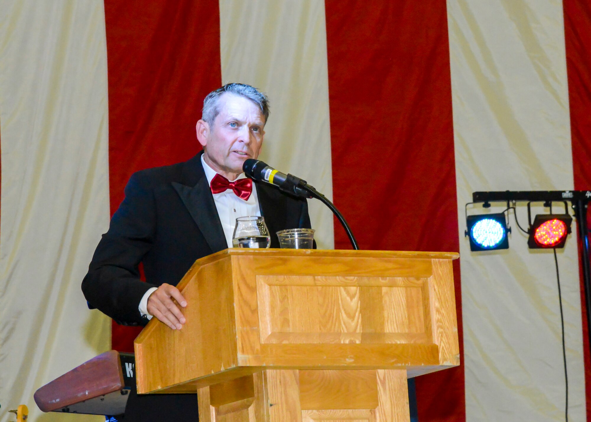 Guest speaker Mark Stucky, Director of Flight Test and Lead Test Pilot, Virgin Galactic addresses Team Edwards during the 2019 Air Force Ball at Edwards Air Force Base, California, Sept. 14 (U.S. Air Force photo by Giancarlo Casem)