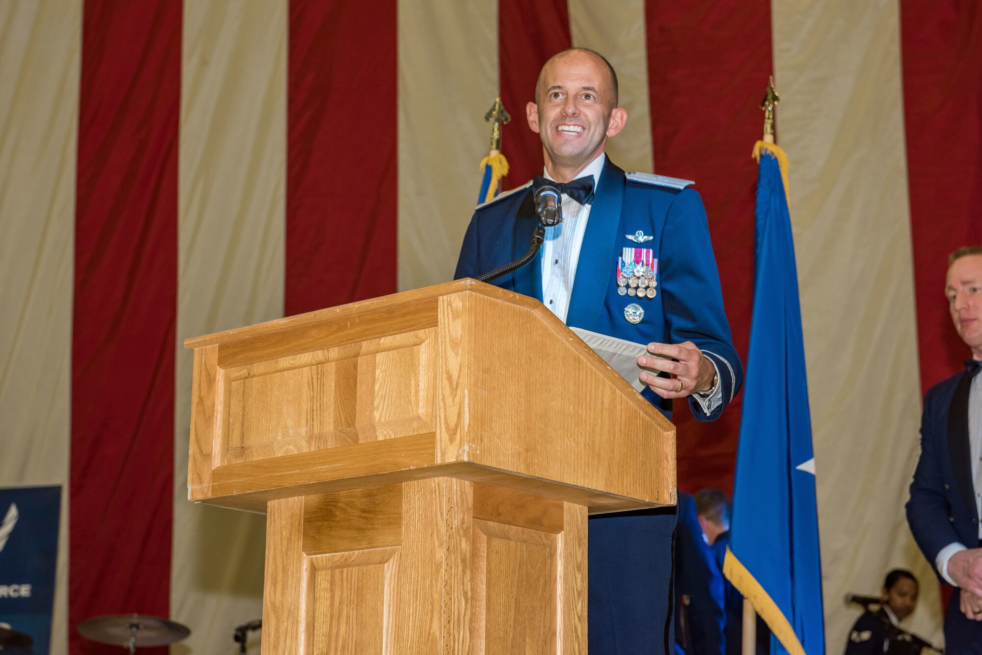 412th Test Wing Commander, Brig. Gen. E. John Teichert, addresses ball attendees during the 2019 Air Force Ball at Edwards Air Force Base, California, Sept. 14. (U.S. Air Force photo by Matt Williams)