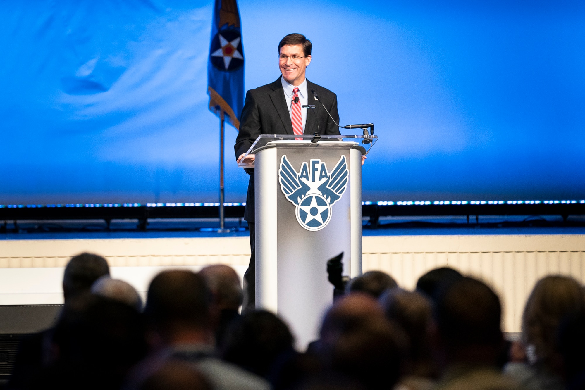 Secretary of Defense Mark T. Esper delivers a speech during the Air Force Association’s Air, Space and Cyber Conference in National Harbor, Md., Sept. 18, 2019. The ASC Conference is a professional development seminar that offers the opportunity for Department of Defense personnel to participate in forums, speeches and workshops. (U.S. Air Force photo by Tech. Sgt. D. Myles Cullen)