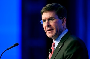 Secretary of Defense Mark T. Esper delivers a speech during the Air Force Association’s Air, Space and Cyber Conference in National Harbor, Md., Sept. 18, 2019. The ASC Conference is a professional development seminar that offers the opportunity for Department of Defense personnel to participate in forums, speeches and workshops. (U.S. Air Force photo by Wayne Clark)