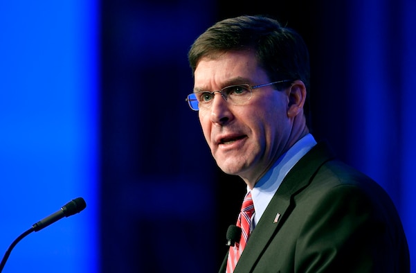 Secretary of Defense Mark T. Esper delivers a speech during the Air Force Association’s Air, Space and Cyber Conference in National Harbor, Md., Sept. 18, 2019. The ASC Conference is a professional development seminar that offers the opportunity for Department of Defense personnel to participate in forums, speeches and workshops. (U.S. Air Force photo by Wayne Clark)