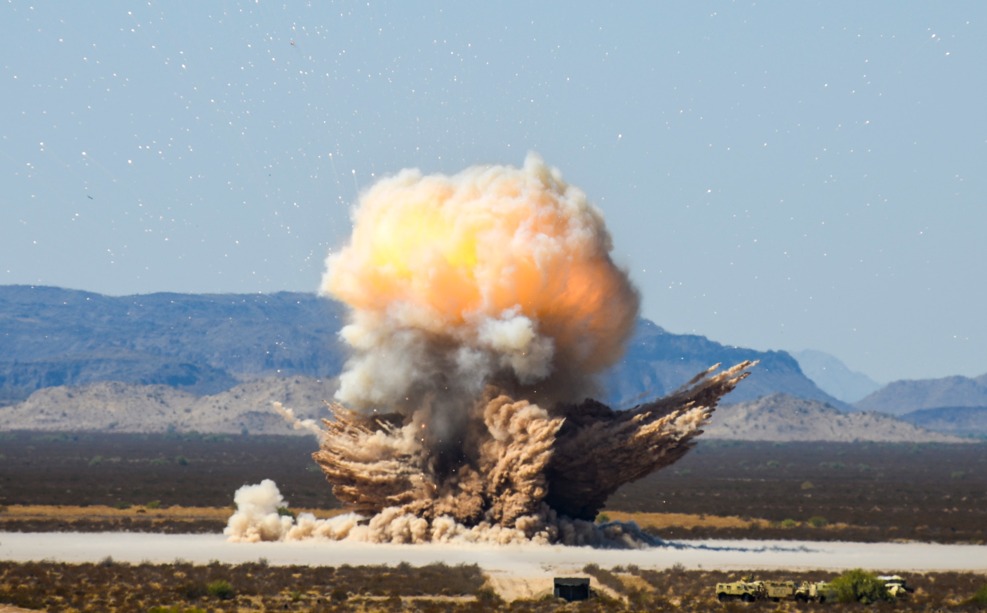 A rocket motor, filled with carboxyl-terminated polybutadiene (CTPB), is detonated during a demolition operation Sept. 12, 2019, at the Barry M. Goldwater Range near Gila Bend, Ariz.