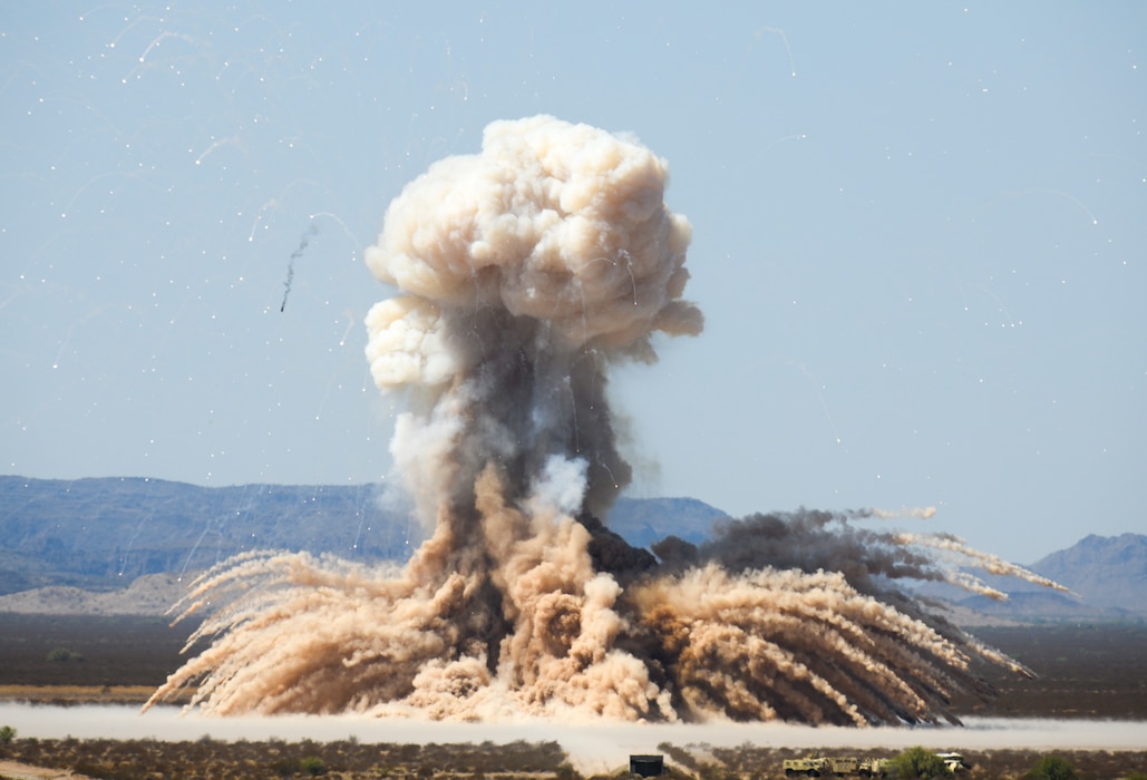 A rocket motor is detonated during a demolition operation Sept. 12, 2019, at the Barry M. Goldwater Range near Gila Bend, Ariz.