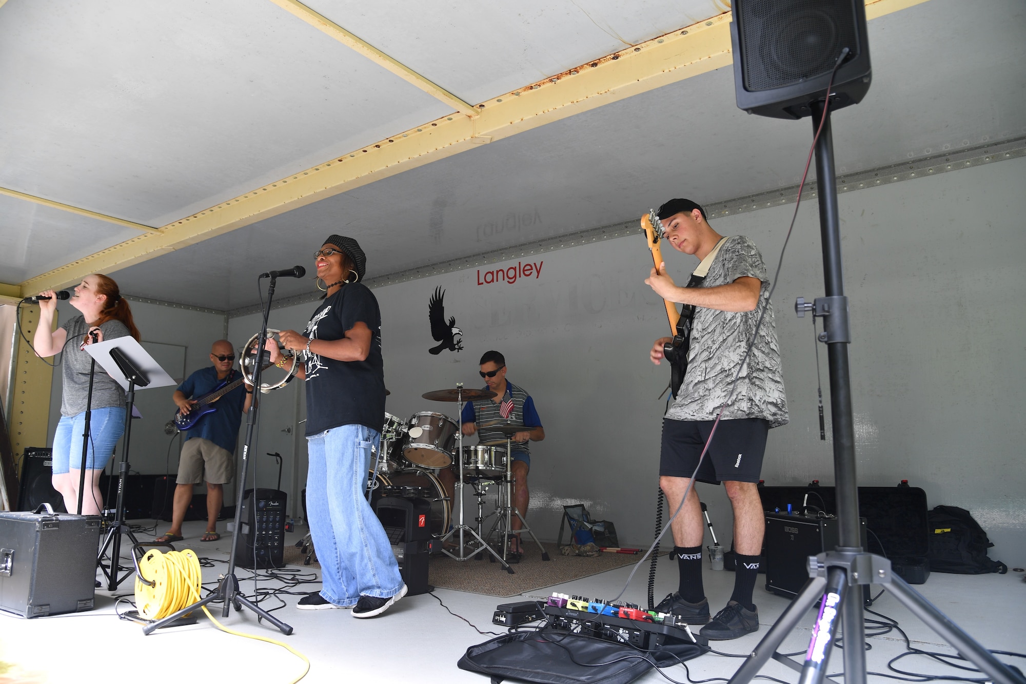 Collateral Damage entertains Airmen and their families during the 363d ISR Wing’s annual summer picnic at Bethal Park, Virginia, July 23, 2019. The band has been around since before the wing’s activation. (U.S. Air Force photo by Robert Mehal)