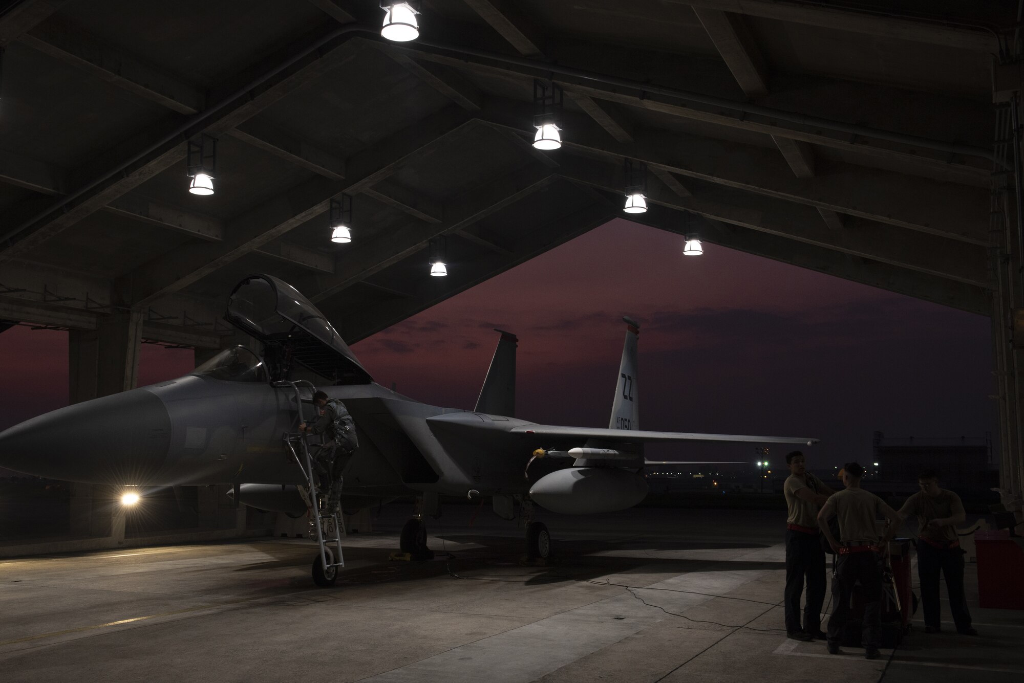 A 67th Fighter Squadron pilot exits an F-15C Eagle at Kadena Air Base, Japan, Sept. 16, 2019.