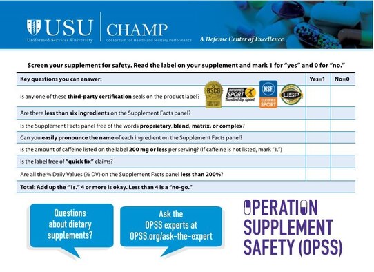 The OPSS website contains easily accessible information about supplement use, health risks, DOD and Federal Drug Administration prohibited ingredients, a supplement safety screening questionnaire (pictured above) and a forum to report side effects of supplements.