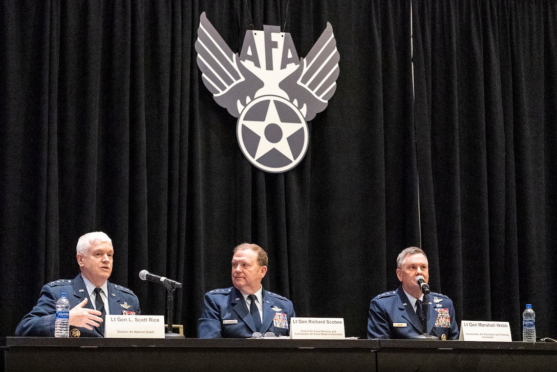 Lt. Gen. Brad Webb, Air Education and Training Command commander; Lt. Gen. Scott L. Rice, Air National Guard director and Lt. Gen. Richard Scobee, Air Force Reserve Command commander, participate in the 'using the competitive edge to train how we fight' panel during the Air Force Association Air, Space and Cyber Conference in National Harbor, Maryland, Sept. 18, 2019. The ASC Conference is a professional development seminar that offers the opportunity for Department of Defense personnel to participate in forums, speeches and workshops. (U.S. Air Force photo by Tech. Sgt. D. Myles Cullen)