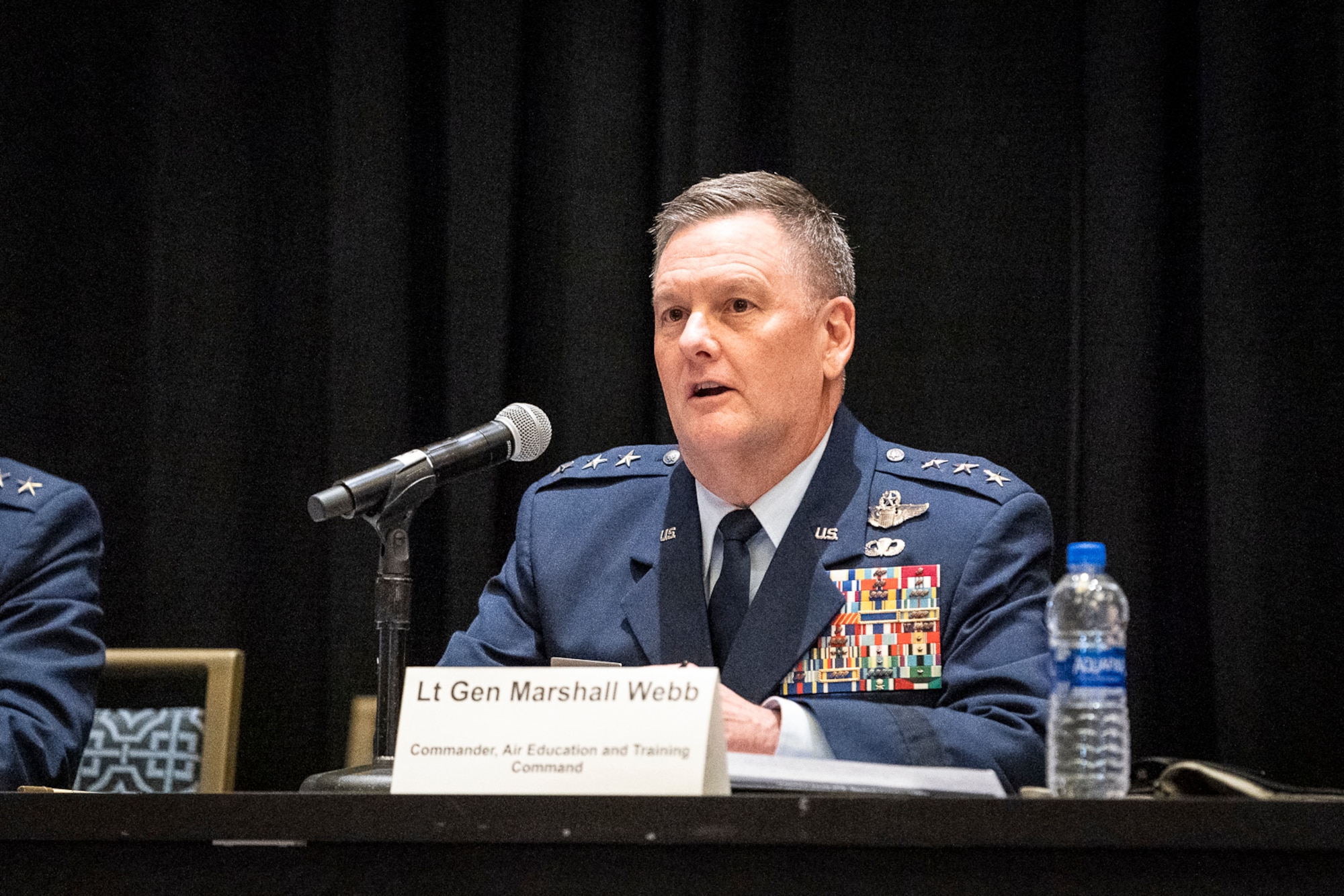 Lt. Gen. Brad Webb, Air Education and Training Command commander participates in the using the competitive edge to train how we fight panel during the Air Force Association Air, Space and Cyber Conference in National Harbor, Md., Sept. 18, 2019. The ASC Conference is a professional development seminar that offers the opportunity for Department of Defense personnel to participate in forums, speeches and workshops. (U.S. Air Force photo by Tech. Sgt. D. Myles Cullen)