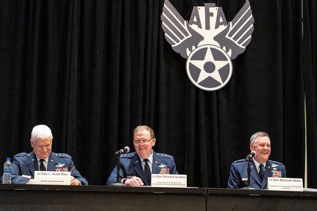 Lt. Gen. Brad Webb, Air Education and Training Command commander; Lt. Gen. Scott L. Rice, Air National Guard director and Lt. Gen. Richard Scobee, Air Force Reserve Command commander, participate in the 'using the competitive edge to train how we fight' panel during the Air Force Association Air, Space and Cyber Conference in National Harbor, Maryland, Sept. 18, 2019. The ASC Conference is a professional development seminar that offers the opportunity for Department of Defense personnel to participate in forums, speeches and workshops. (U.S. Air Force photo by Tech. Sgt. D. Myles Cullen)