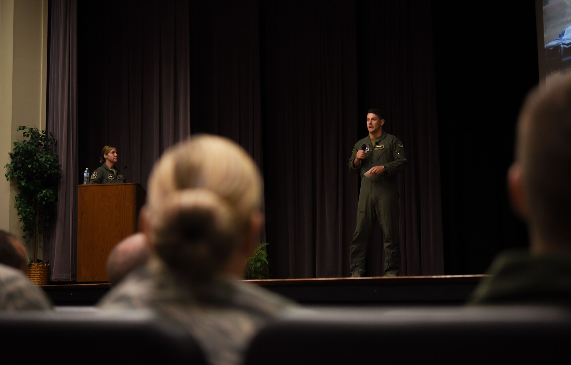 Capt. Cole, 49th Fighter Training Squadron Introductory to Fighter Fundamentals instructor pilot, shares a personal story during a commander’s call Aug. 22, 2019, at Columbus Air Force Base, Miss. The commander’s call was part of the Air Force’s Tactical Pause, a day focused on resiliency for Airmen. (U.S. Air Force photo by Airman Davis Donaldson)