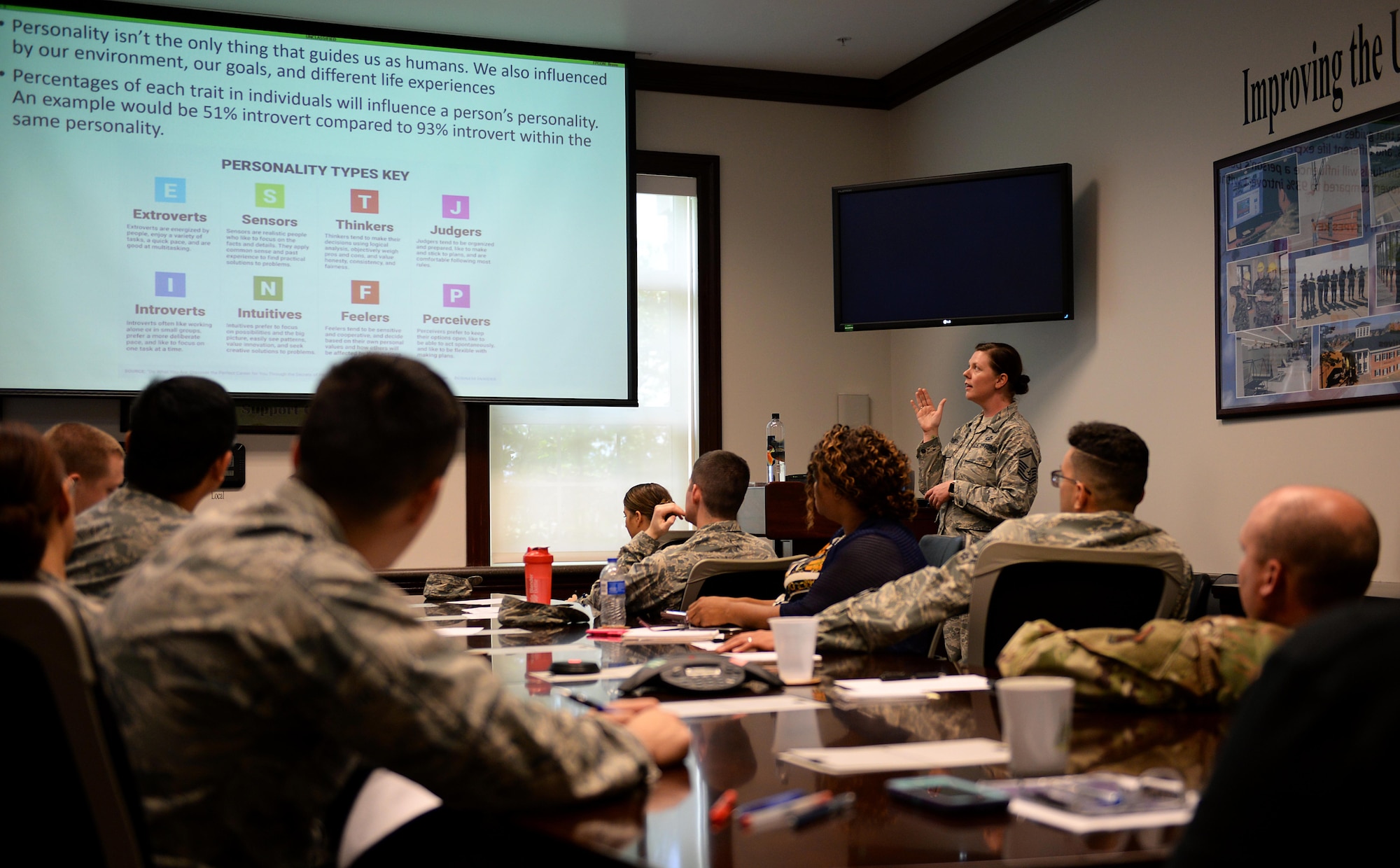 Senior Master Sgt. Jacelyn Jesseph, 14th Comptroller Squadron superintendent, discusses the different personalities during the Tactical Pause Aug. 22, 2019, on Columbus Air Force Base, Miss. The 14th Flying Training Wing participated in a Tactical Pause throughout the squadrons to focus on connecting and resiliency. (U.S. Air Force photo by Airman 1st Class Hannah Bean)