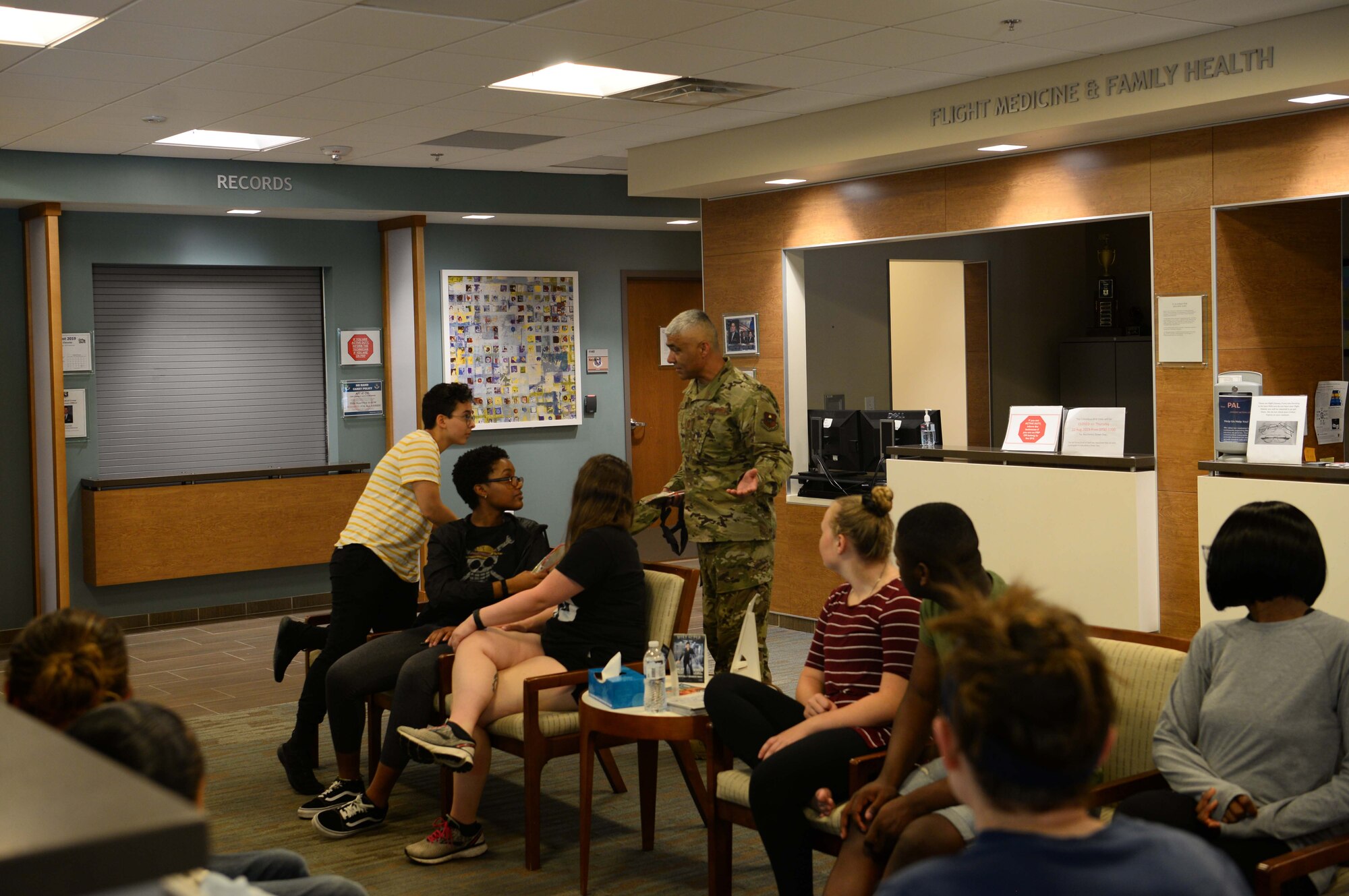 Chief Master Sgt. Raul Villarreal Jr., 14th Flying Training Wing command chief, visits Airmen from the 14th Medical Group Aug. 22, 2019, on Columbus Air Force Base, Miss. While squadrons participated in the Tactical Pause, senior leaders took time to personally interact and communicate with Airmen across Columbus AFB. (U.S. Air Force photo by Airman 1st Class Jake Jacobsen)