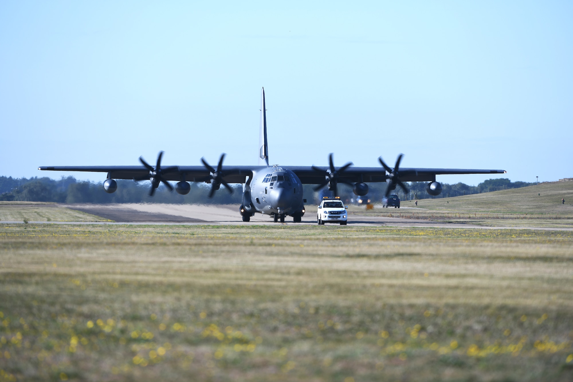 An MC-130J Commando II assigned to the 100th Air Refueling Wing taxis on the flightline at Royal Air Force Lakenheath, England, Sept. 12, 2019. The 100th ARW participated in a joint exercise alongside the 352nd Special Operations Wing and 48th Fighter Wing to enhance Forward Arming and Refueling Point. (U.S. Air Force photo by Airman 1st Class Shanice Williams-Jones)