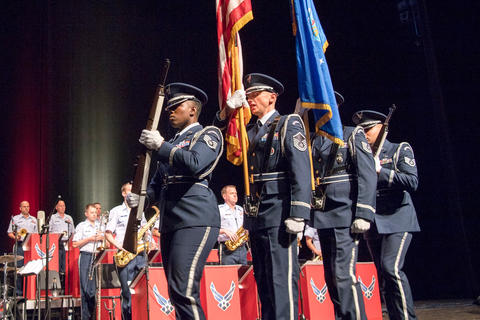 The 434th Air Refueling Wing honor guard posts the colors during a concert featuring U.S. Air Force Band of Mid-America Shades of Blue Jazz Ensemble Sept. 10, 2019 at the Honeywell Center in Wabash, Indiana. Grissom honor guard routinely performs ceremonies and funerals across the Midwest. (U.S. Air Force photo/Master Sgt. Ben Mota)
