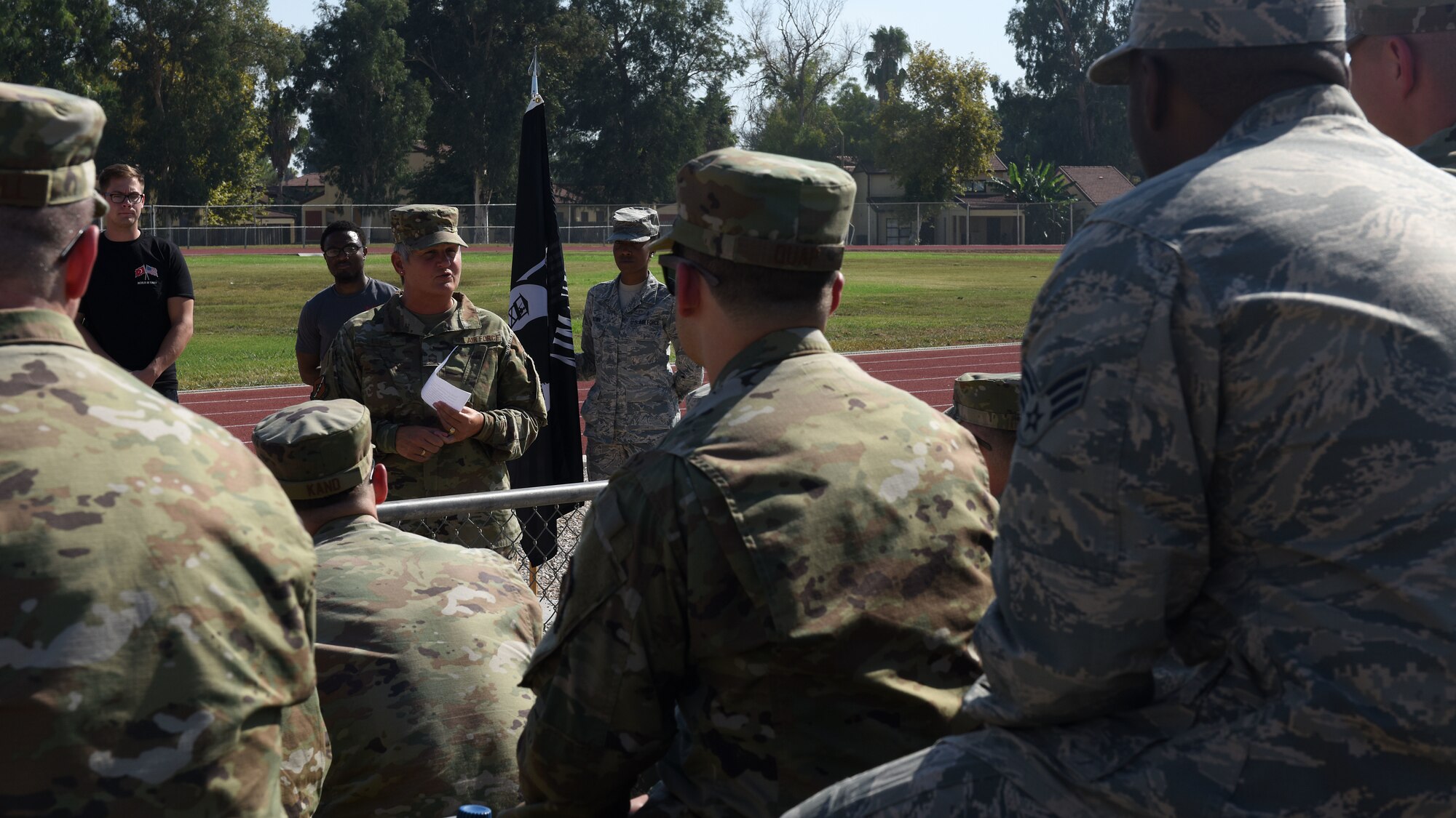 Chief Master Sgt. Sherrie Lewis, 39th Mission Support Group superintendent, provides opening remarks during the Prisoner of War/Missing in Action Event Sept. 19, 2019, at Incirlik Air Base, Turkey. The run/walk portion of the event is scheduled to last 24 hours, in honor of the prisoners of war and service members missing in action. (U.S. Air Force photo by Staff Sgt. Trevor Rhynes)